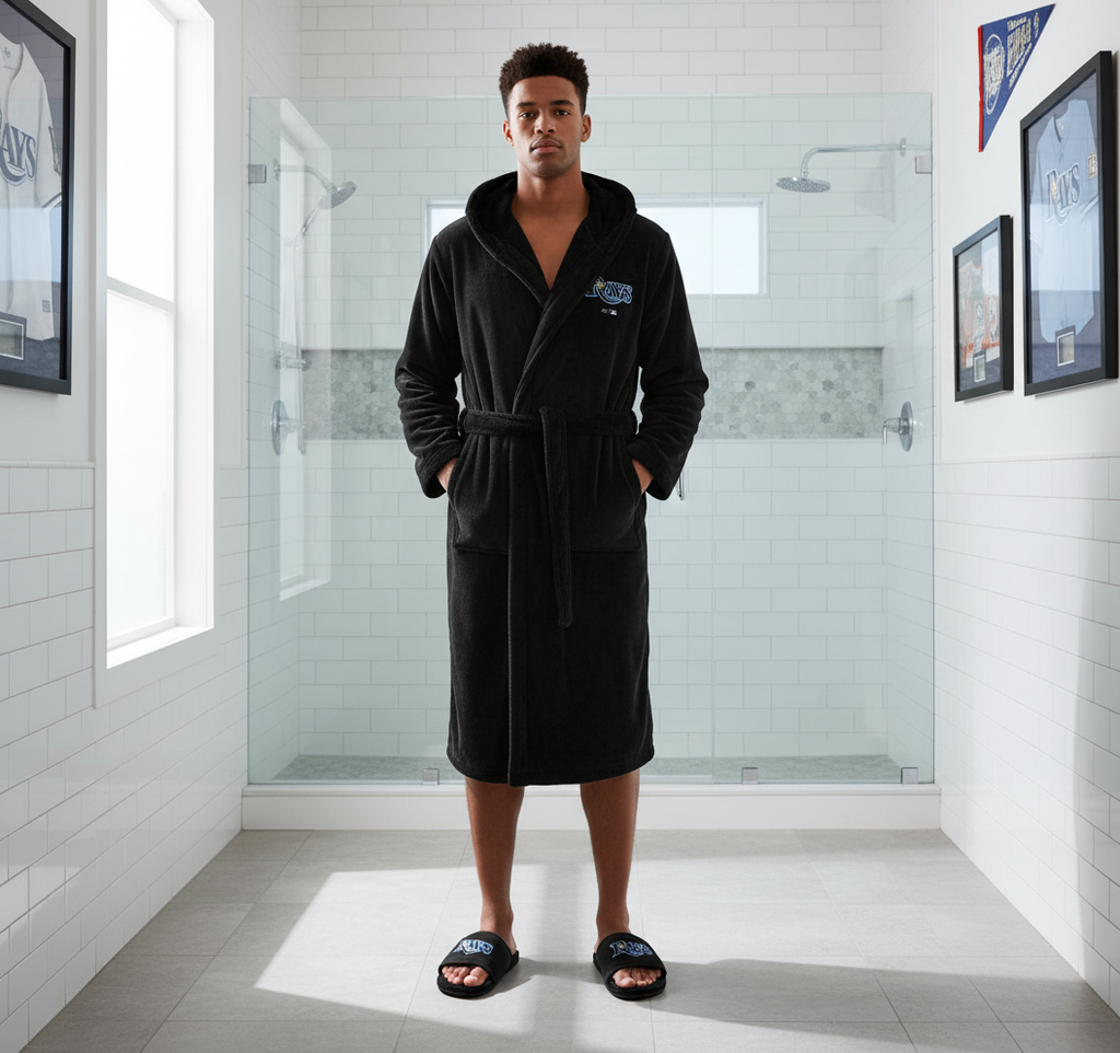 A black hooded robe with 'RAYS' and a blue logo on the front, and a pair of black fur slipper sandals with the same logo.