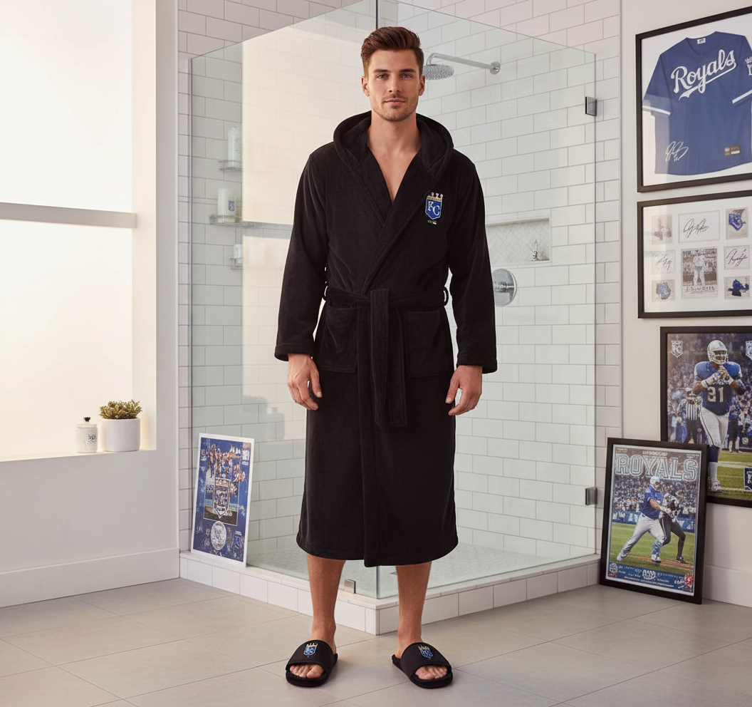 A hooded robe and a pair of slipper sandals with a Kansas City Royals logo on them.