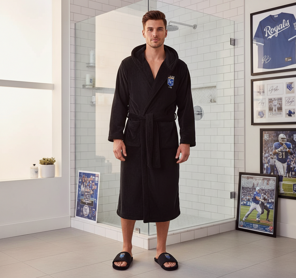 A hooded robe and a pair of slipper sandals with a Kansas City Royals logo on them.