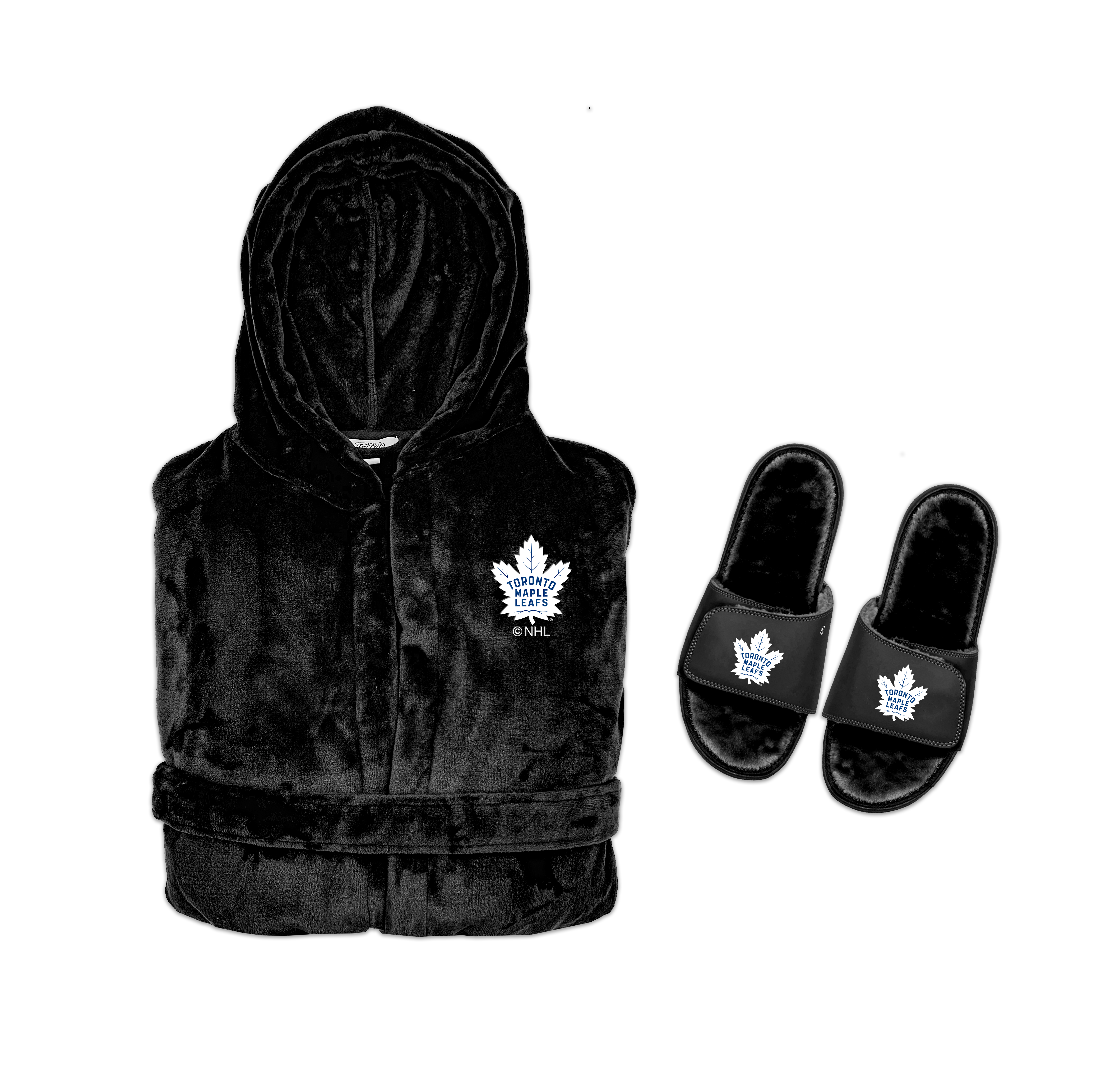 A hooded robe and a pair of slipper sandals with a Toronto Maple Leafs logo, primarily in black color.