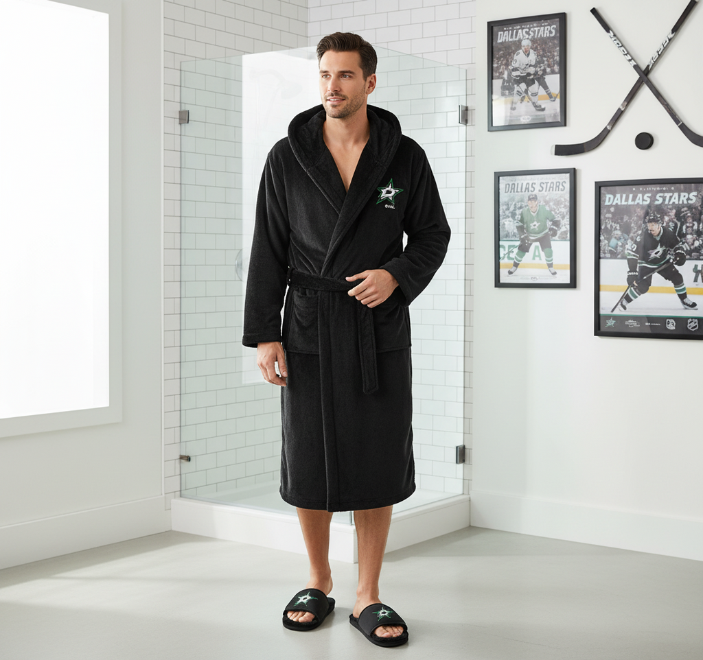 A hooded robe and a pair of slipper sandals with Dallas Stars branding, primarily in black color with a furry texture.