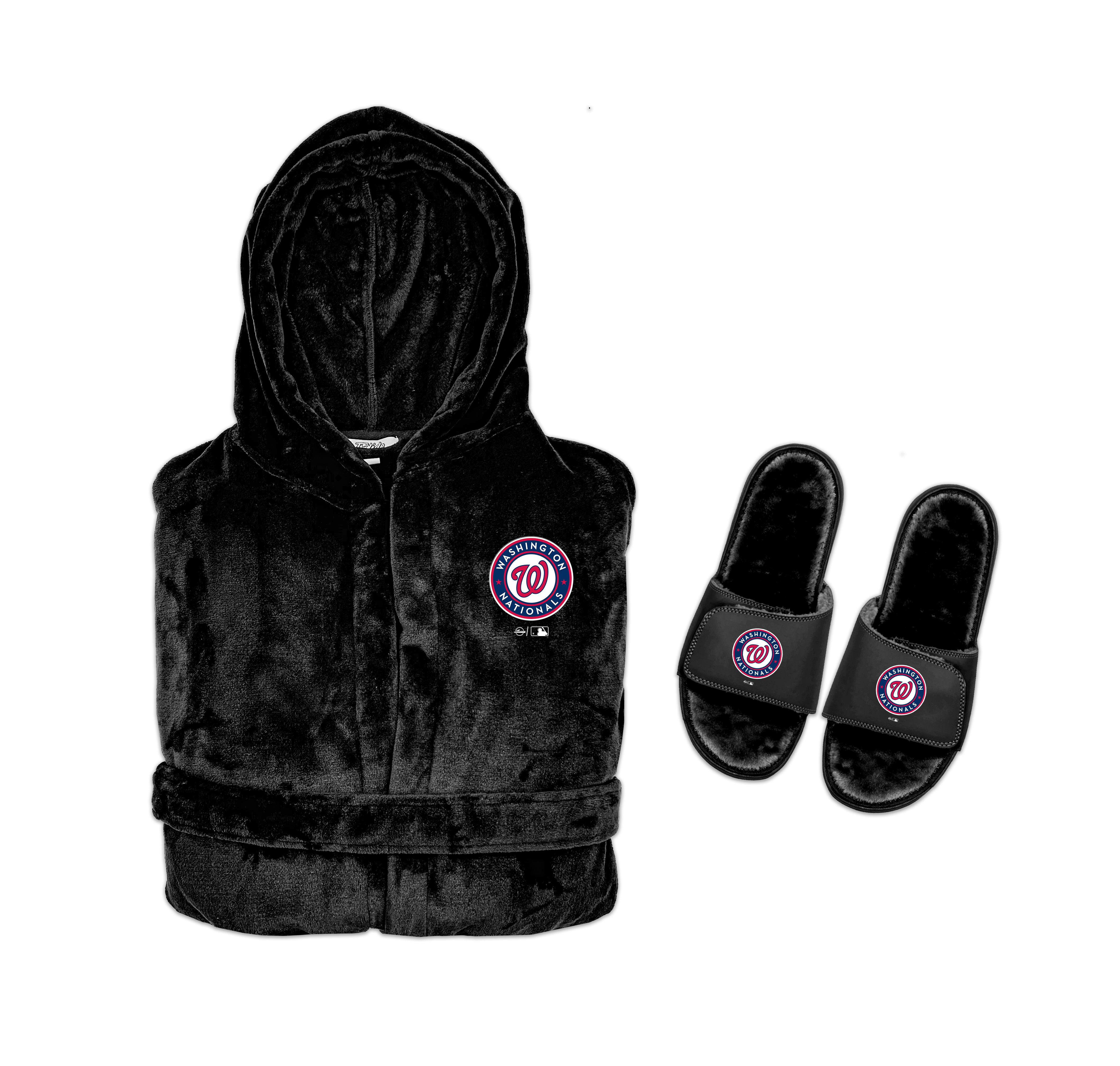 A bundle including a black hooded robe with a Washington Nationals logo on the chest and a pair of black fuzzy slippers with the same logo.
