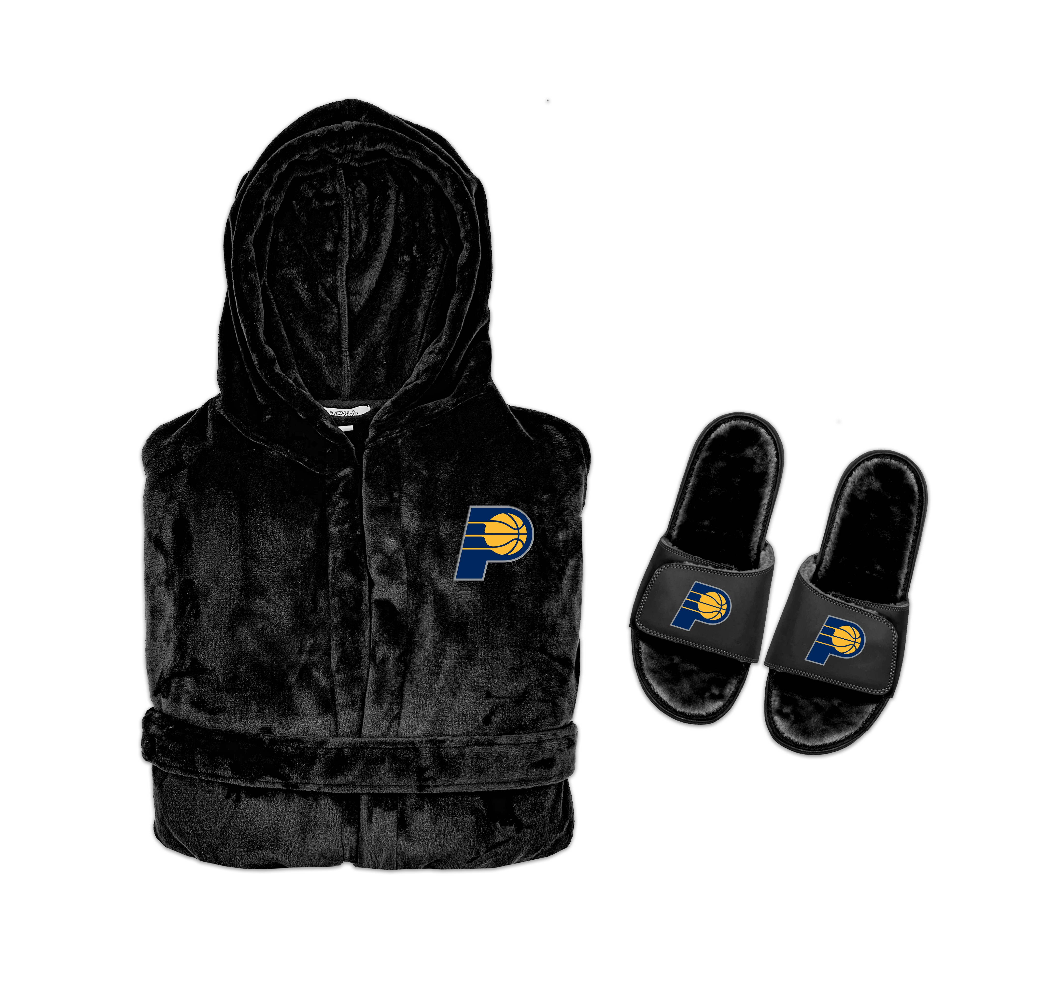 A hooded robe and a pair of slipper sandals with the Indiana Pacers logo on them.