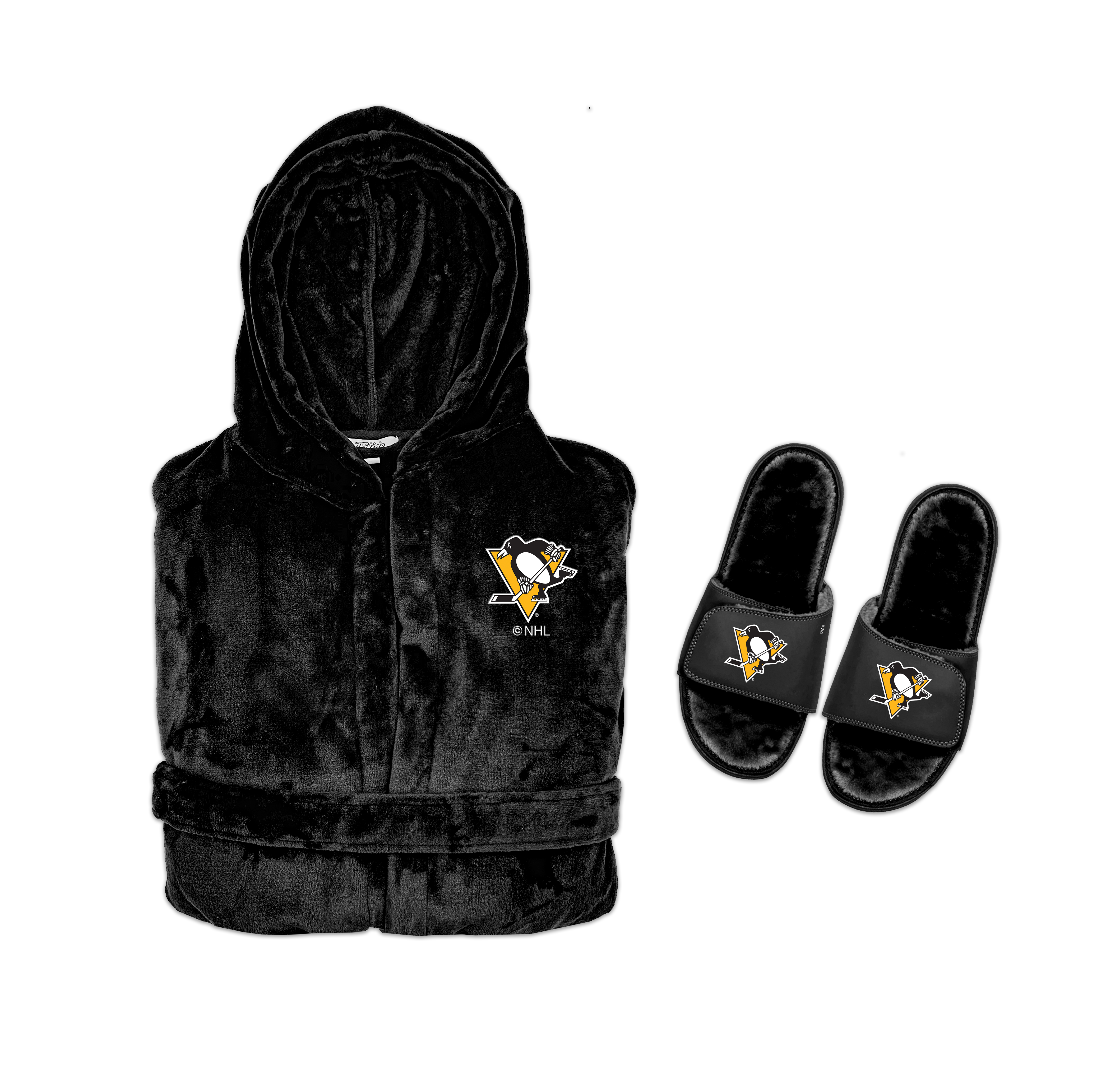 A bundle including a black hooded robe with a Pittsburgh Penguins logo and a pair of black fur slipper sandals with the same logo.