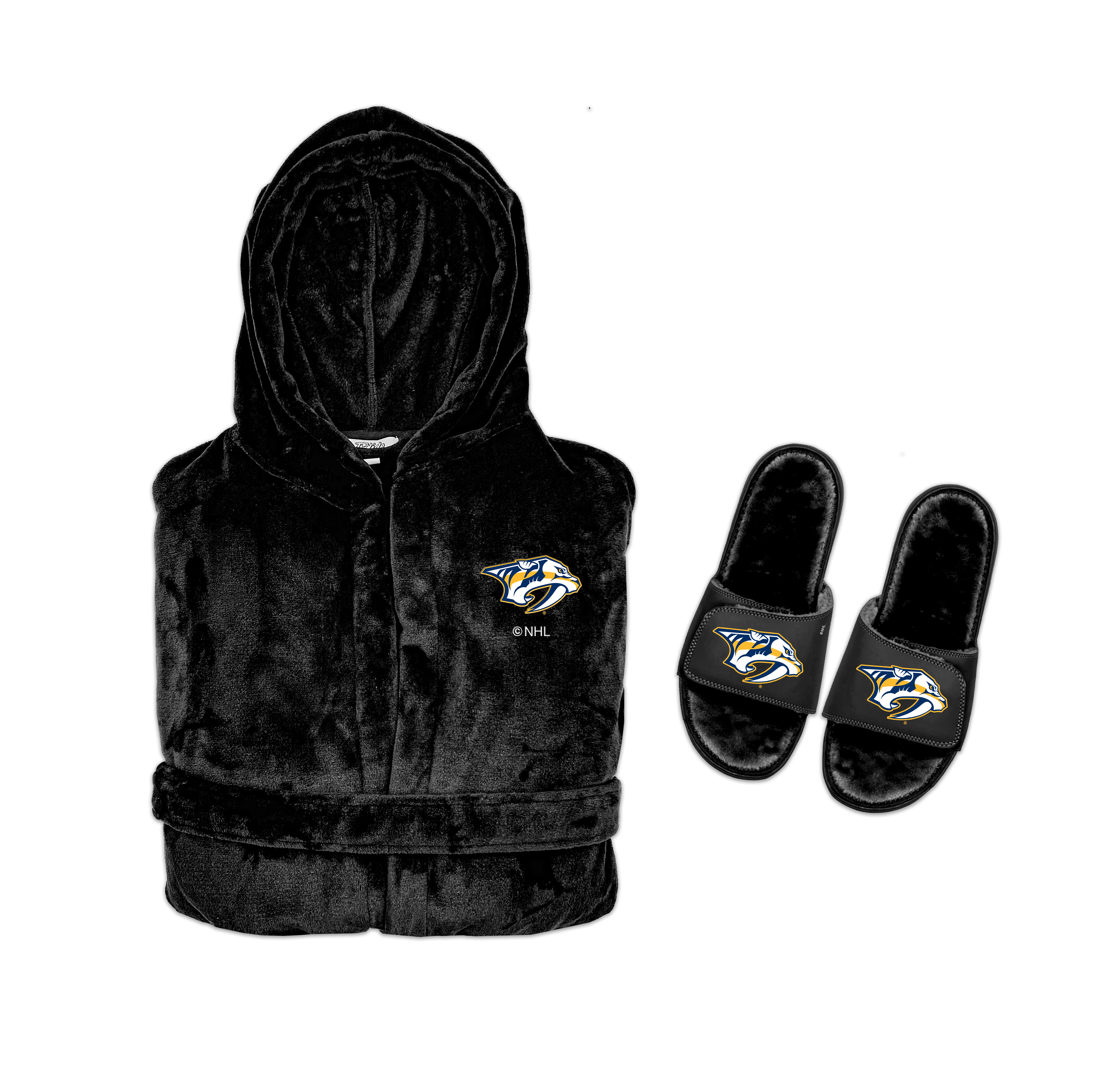 A bundle including a black hooded robe with a Nashville Predators logo on the chest and a pair of black fur slipper sandals with the same logo.