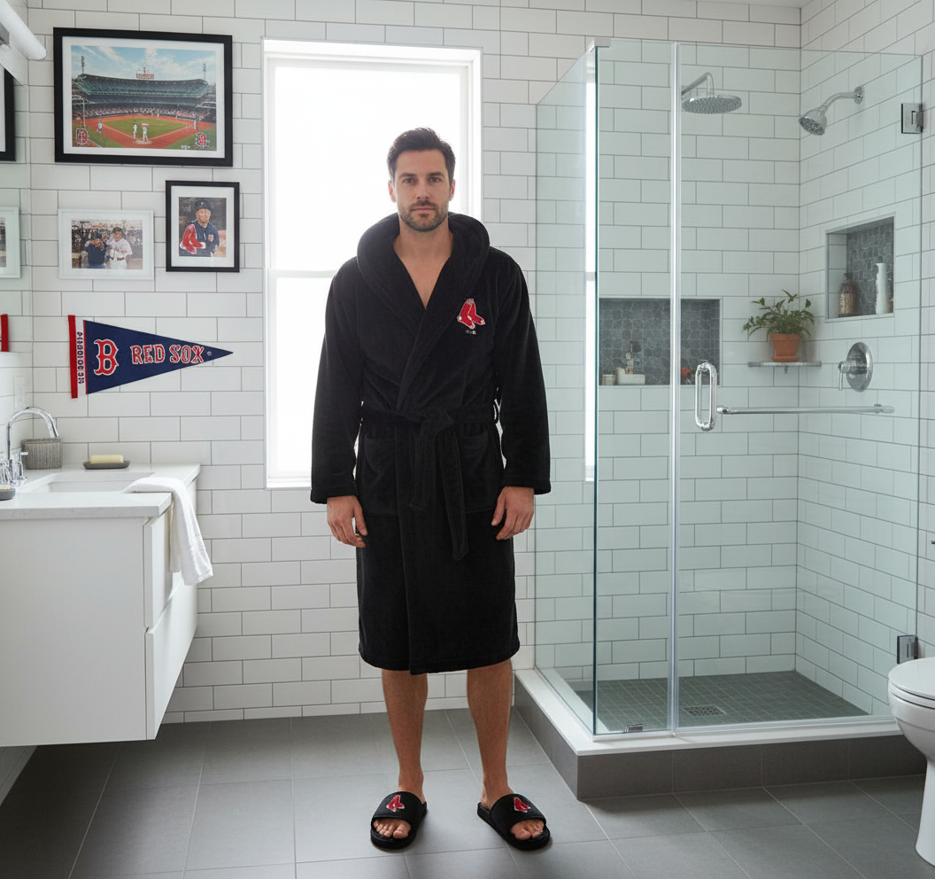 A hooded robe and a pair of slippers with the Boston Red Sox logo on them.