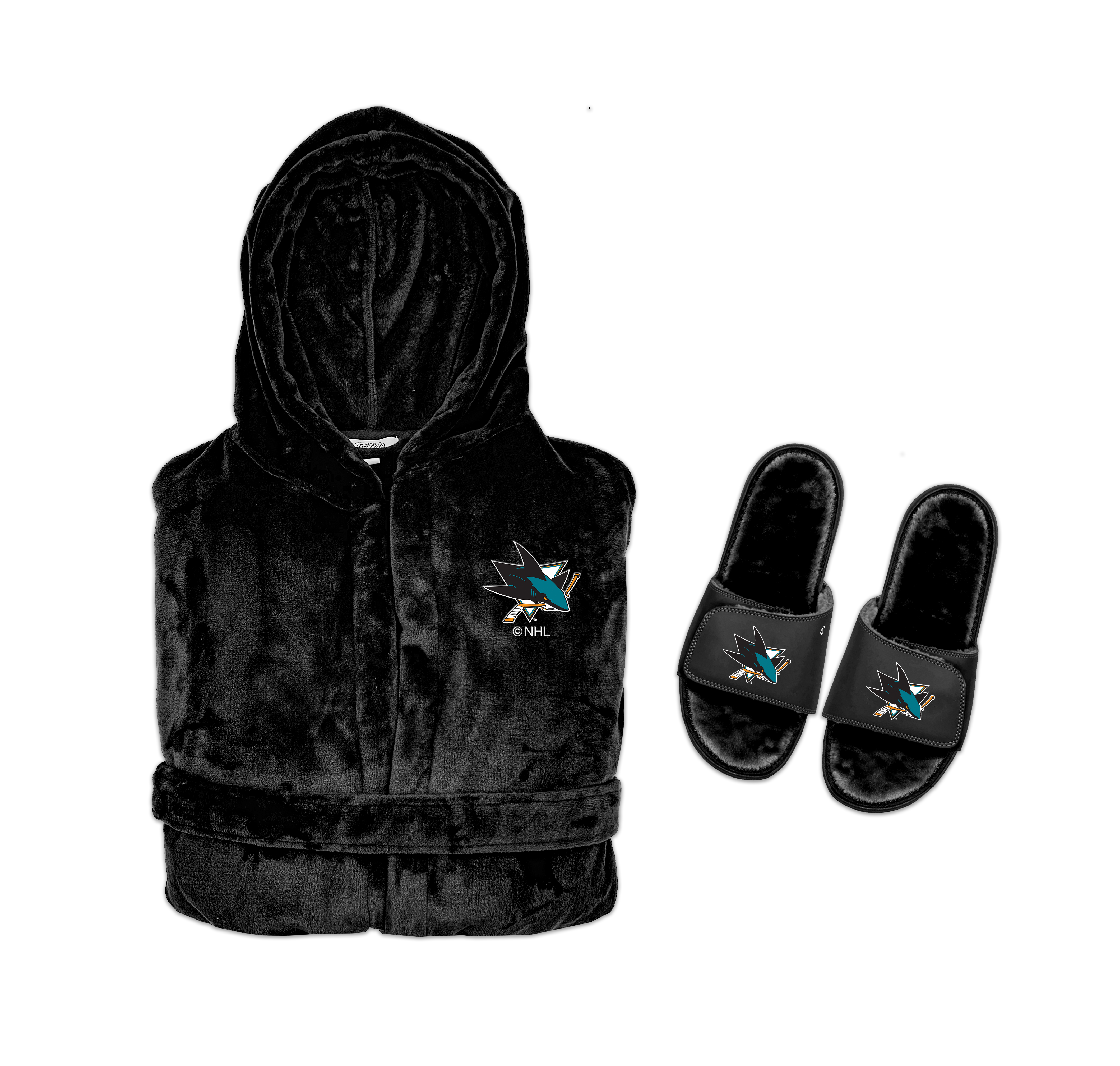 A black hooded robe with a San Jose Sharks logo on the chest and a pair of black faux fur slipper sandals with the same logo.