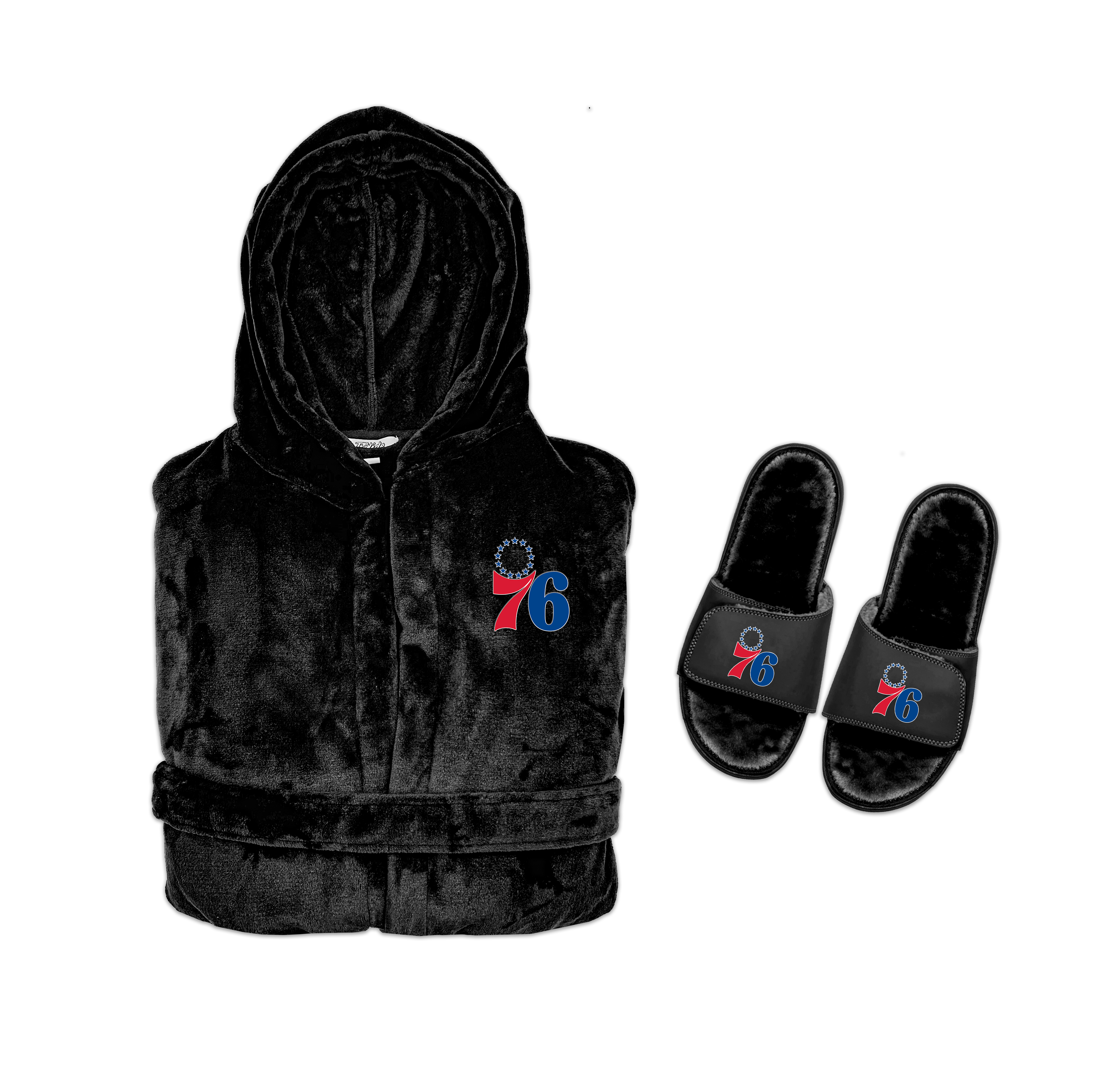 A hooded robe and a pair of slippers with Philadelphia 76ers branding, primarily in black color.