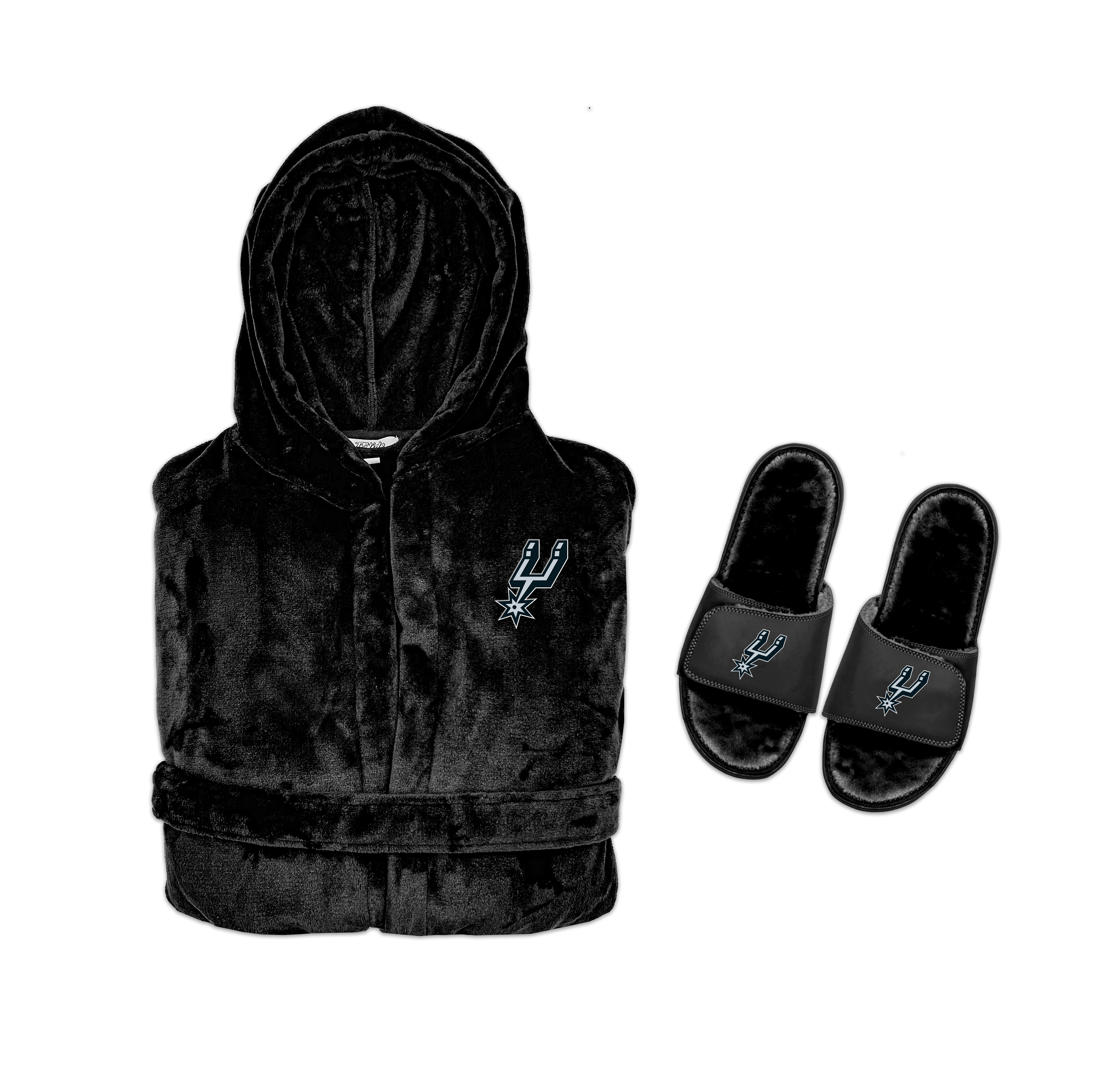A hooded robe and a pair of slipper sandals, both with San Antonio Spurs branding.