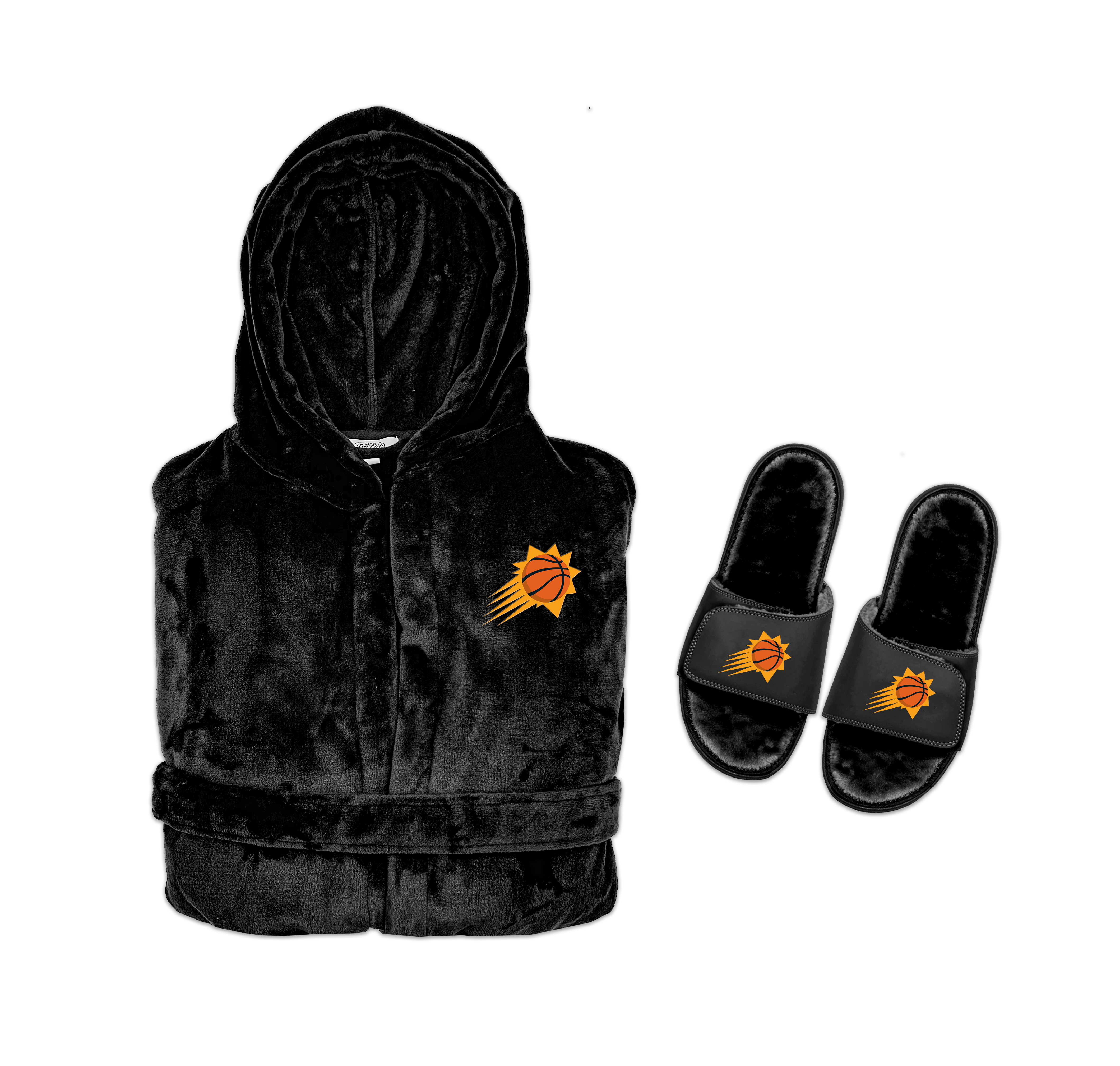 A hooded robe and a pair of sandals with Phoenix Suns branding, primarily in black color.