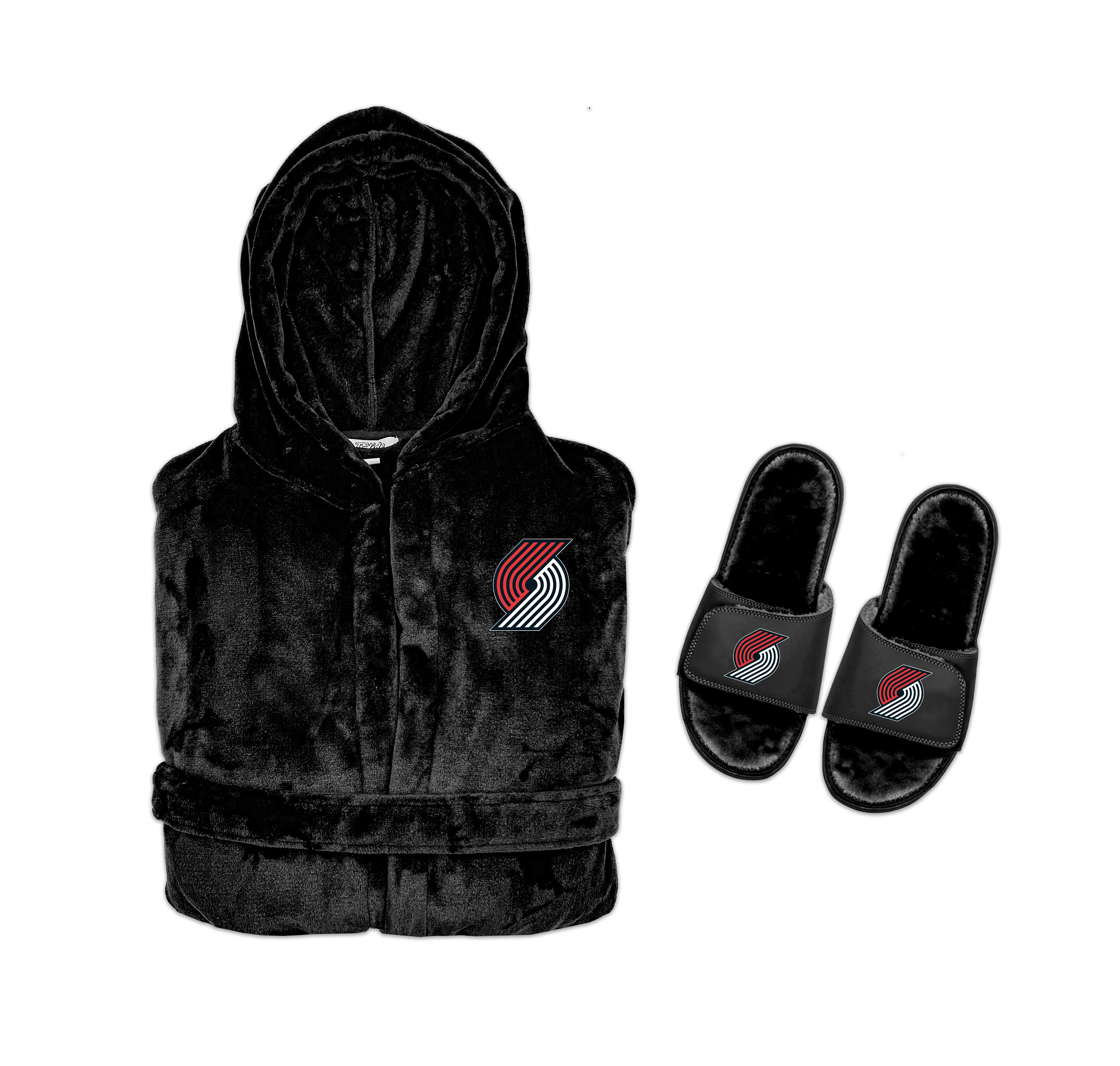 A hooded robe and a pair of slipper sandals with a design featuring the Portland Trailblazers logo.