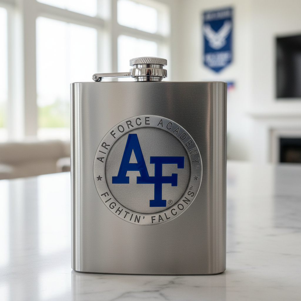Stainless steel flask with Air Force Academy logo on a marble surface