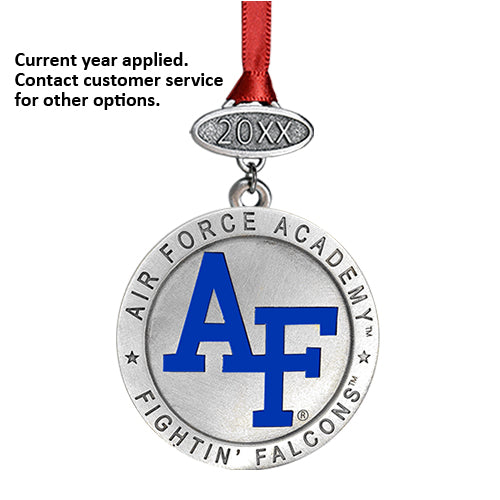 Air Force Academy ornament with red ribbon on a white background