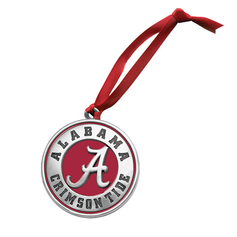 Alabama Crimson Tide ornament with red ribbon on a white background