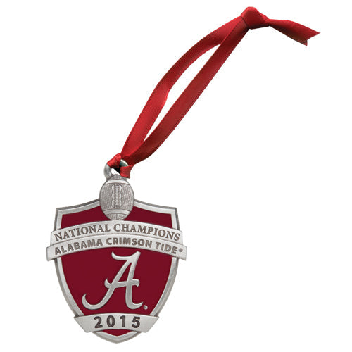 Alabama Crimson Tide national champions ornament with red ribbon on a white background