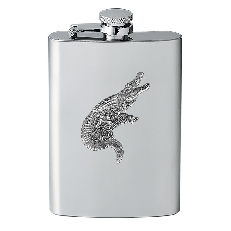 Stainless steel flask with alligator design on a white background
