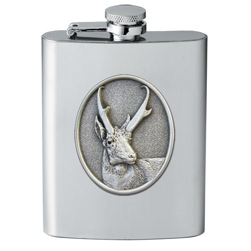 Antelope 8oz Stainless Steel Flask - Fine Pewter Wildlife Casting - Made in USA