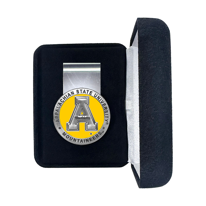 Appalachian State University money clip in a black case on a white background