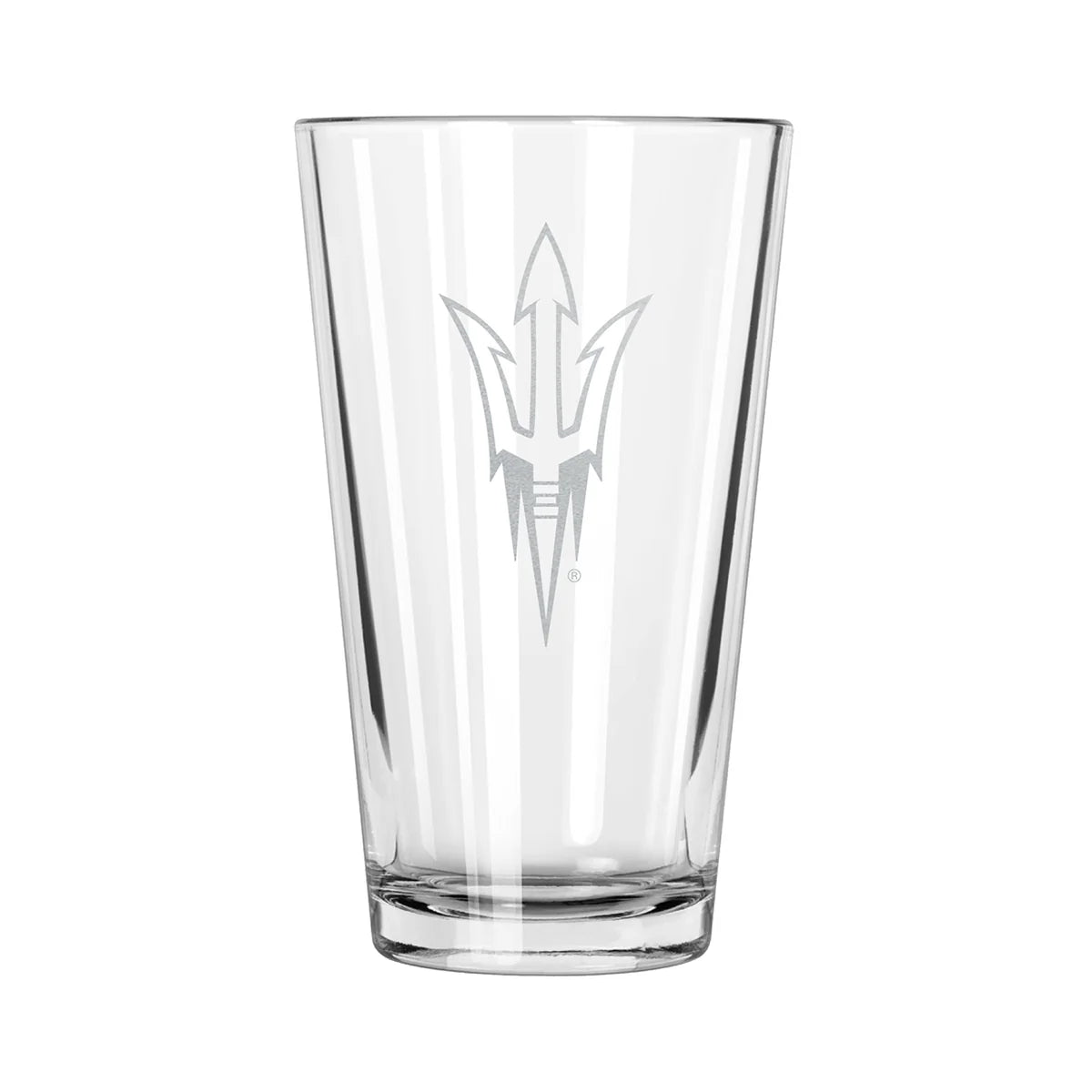 A clear pint glass with an etched design of the Arizona State Sun Devils logo.