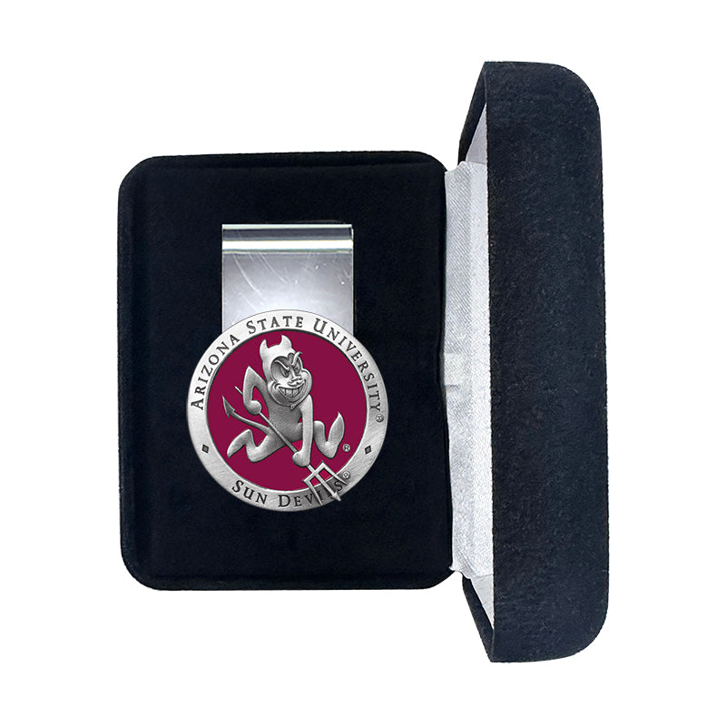 Silver money clip with Arizona State University logo in a black box