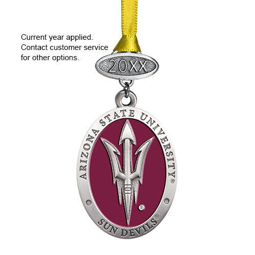 Arizona State University ornament with maroon center and silver border on a white background