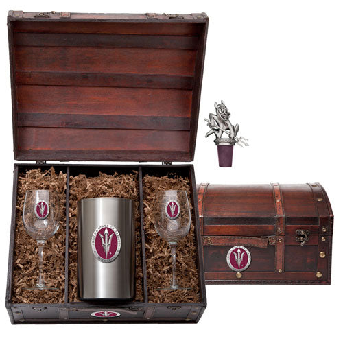 Wine-themed gift set with wooden chest, tumblers, and glasses on a white background