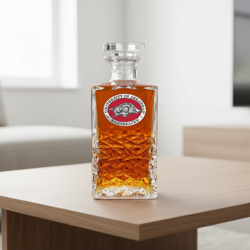 Glass decanter with diamond pattern and Arkansas Razorbacks logo on a white background
