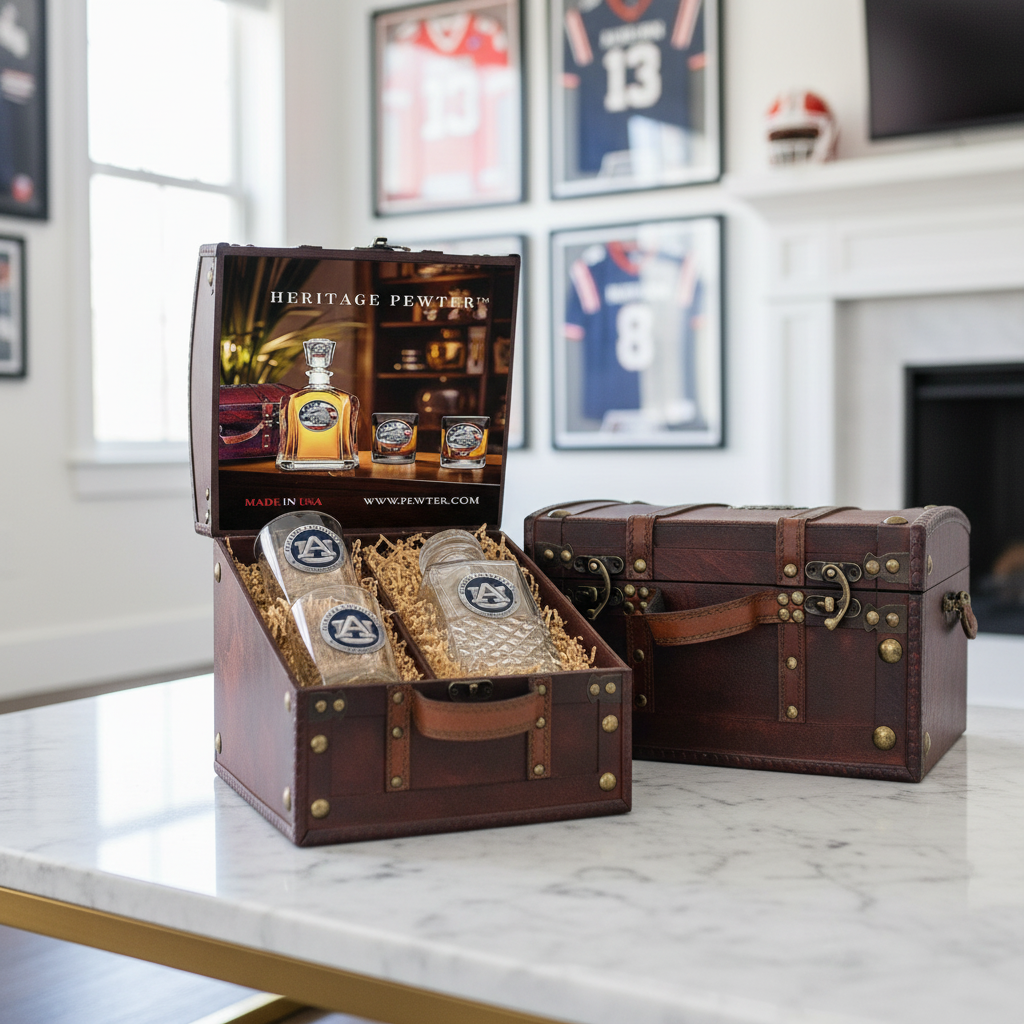 Auburn University Tigers Decanter Set w/ 2 Glasses & Large Chest Box – Made in USA