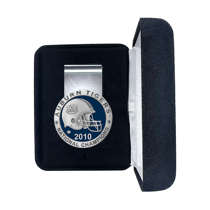 Silver money clip with Auburn Tigers logo and '2010 National Champions' text on a black box.