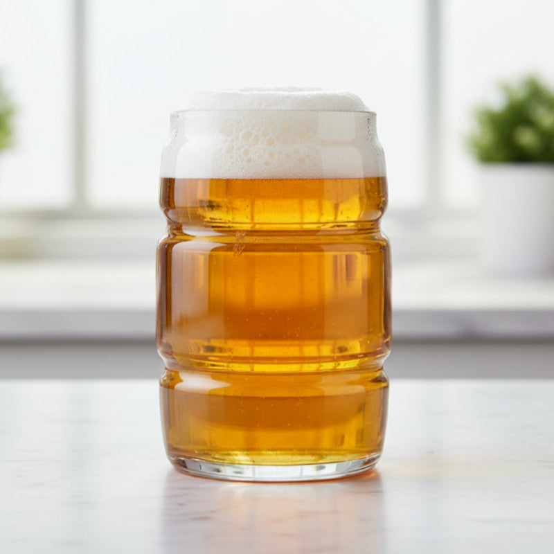 Clear barrel beer glass mug with cylindrical design on a white background
