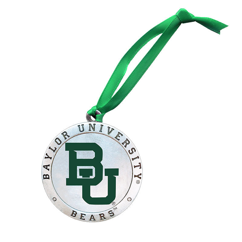 Metallic Baylor University ornament with green ribbon on a white background