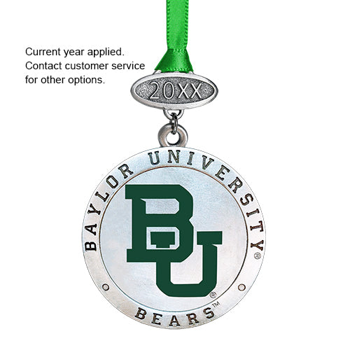 Baylor University ornament with green ribbon on a white background
