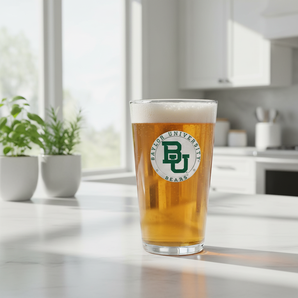Pint glass of beer with Baylor University logo on a kitchen counter