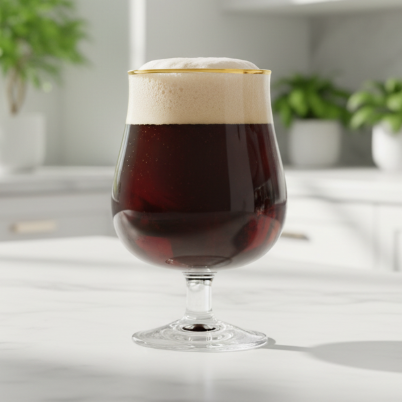 Glass of dark beer on a kitchen counter with plants in the background