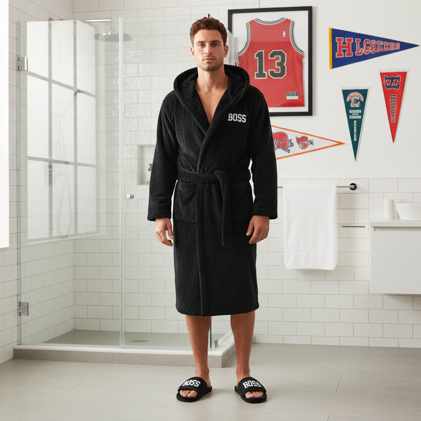 A hooded robe with 'BOSS' written on the front and a pair of slipper sandals with the same word on the strap, both in black color.