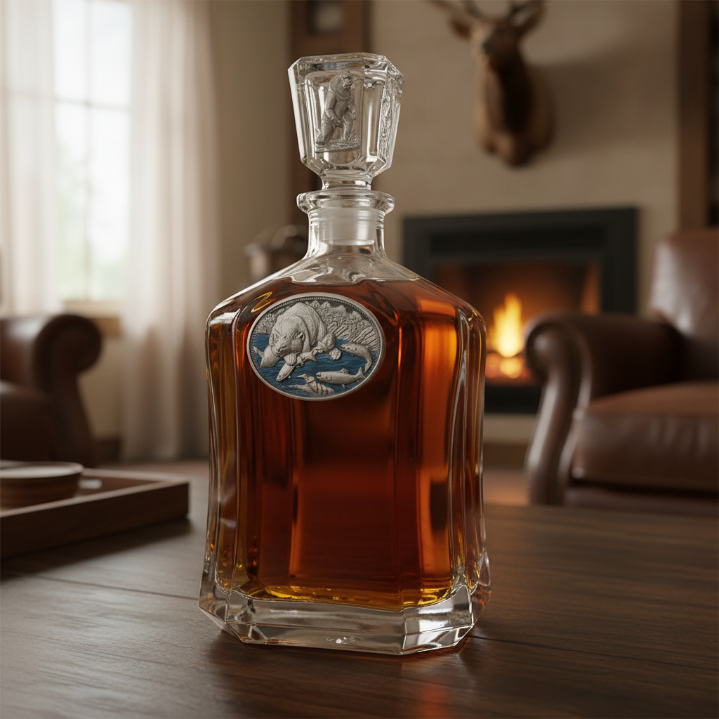 Brown Bear Fishing Whiskey Capitol Decanter - 24oz with Hand-Painted Pewter Casting - Made in USA