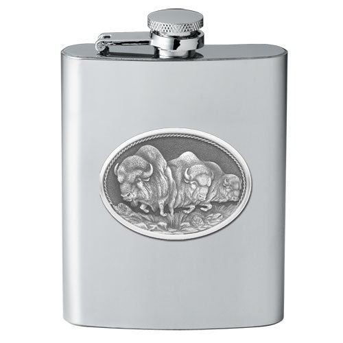 Buffalo 8oz Stainless Steel Flask - Fine Pewter Bison Casting - Made in USA