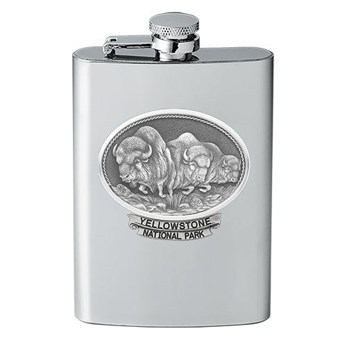 Buffalo Yellowstone National Park 8oz Stainless Steel Flask - Fine Pewter Wildlife Casting - Made in USA