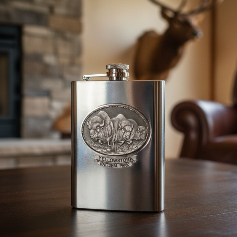 Buffalo Yellowstone National Park 8oz Stainless Steel Flask - Fine Pewter Wildlife Casting - Made in USA