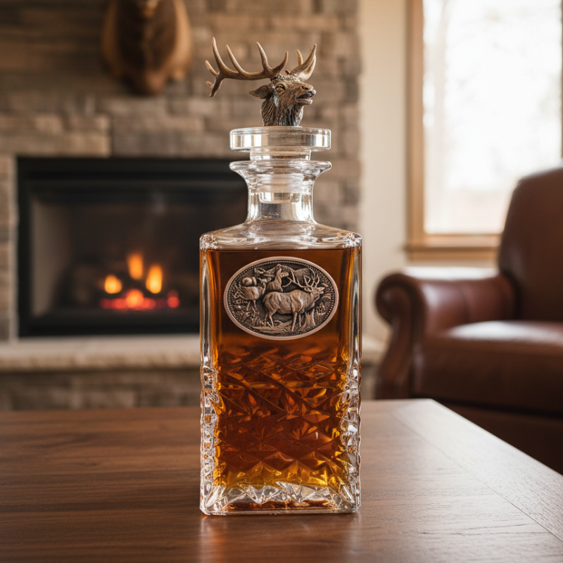 Decorative whiskey decanter with deer emblem on a wooden table in a cozy room with fireplace and leather chair.
