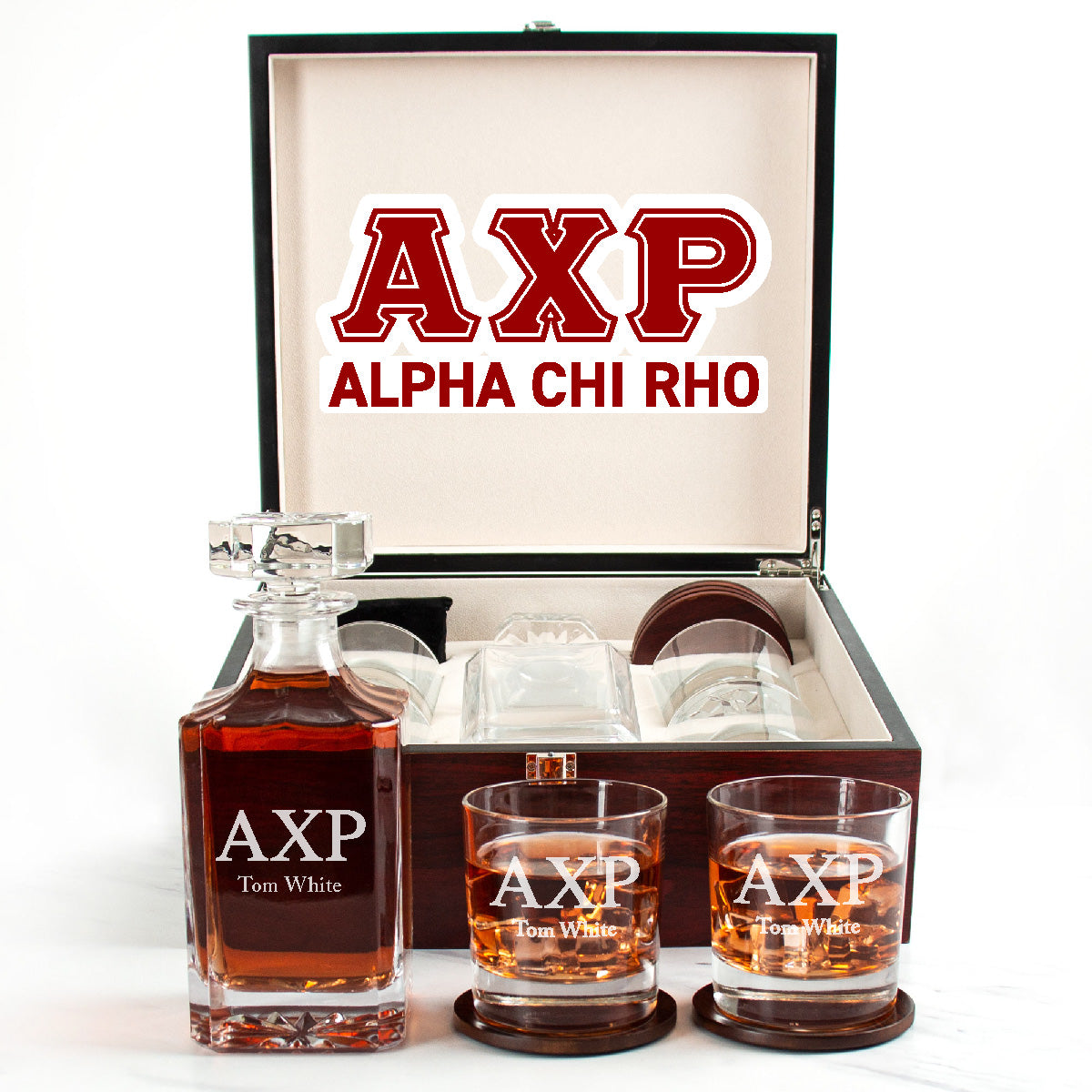 Alpha Chi Rho Cherry Wood Decanter Wood Gift Box Set With Rocks Glasses