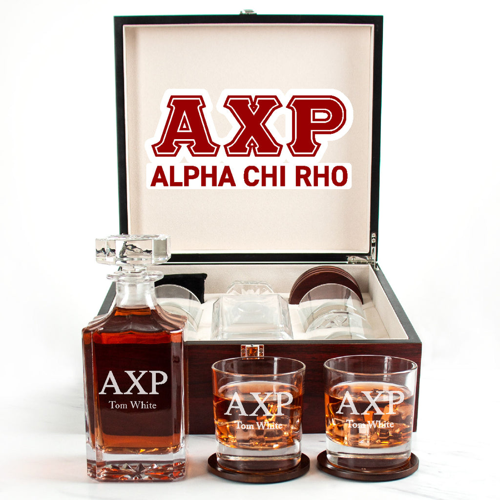 Alpha Chi Rho Cherry Wood Decanter Wood Gift Box Set With Rocks Glasses