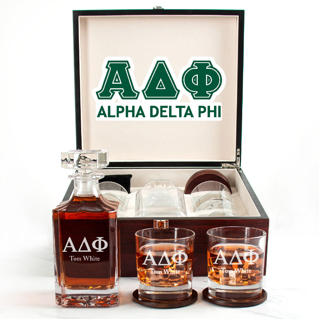 Alpha Delta Phi Cherry Wood Decanter Wood Gift Box Set With Rocks Glasses