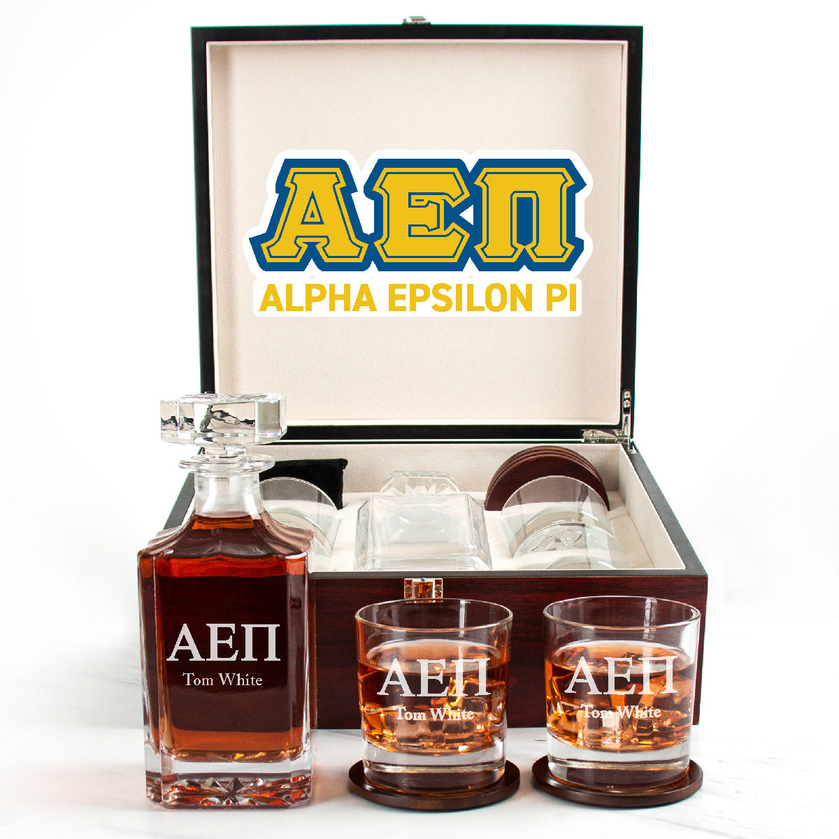 Alpha Epsilon Pi Cherry Wood Decanter Wood Gift Box Set With Rocks Glasses