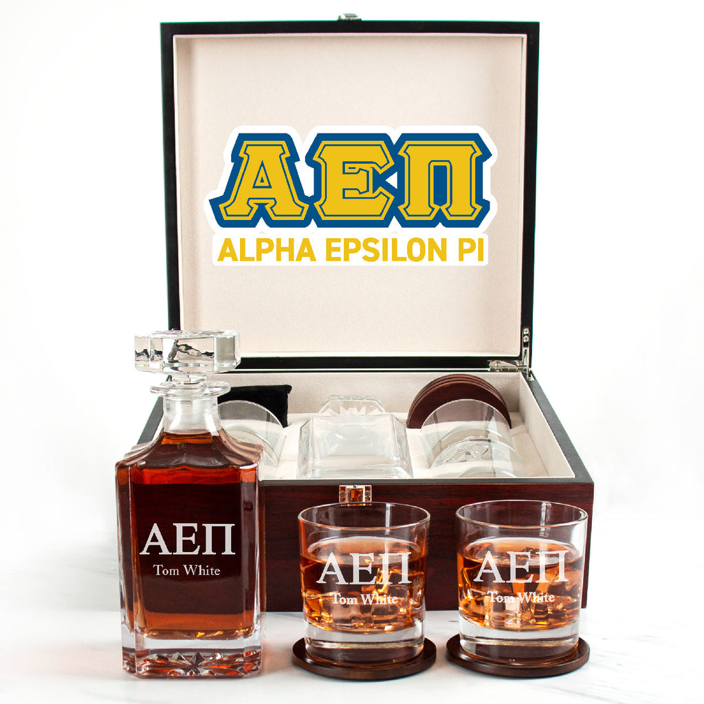 Alpha Epsilon Pi Cherry Wood Decanter Wood Gift Box Set With Rocks Glasses