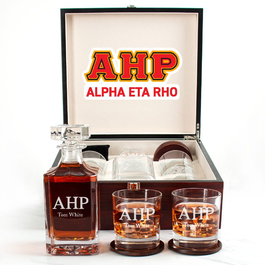 Alpha Eta Rho Cherry Wood Decanter Wood Gift Box Set With Rocks Glasses