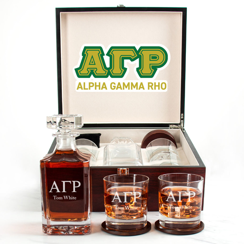 Alpha Gamma Rho Cherry Wood Decanter Wood Gift Box Set With Rocks Glasses