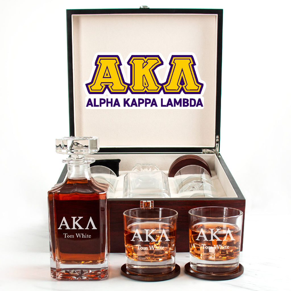 Alpha Kappa Lambda Cherry Wood Decanter Wood Gift Box Set With Rocks Glasses