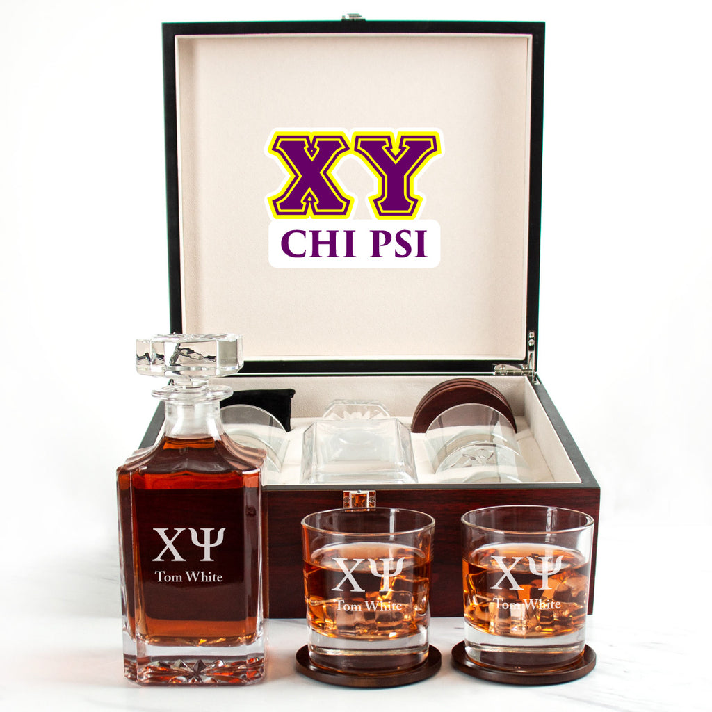 Chi Psi Cherry Wood Decanter Wood Gift Box Set With Rocks Glasses