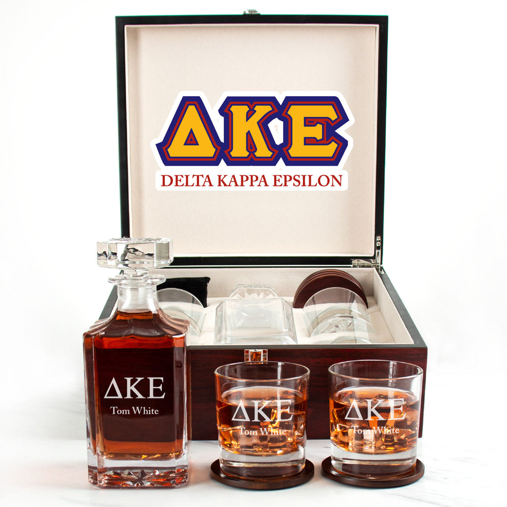 Delta Kappa Epsilon Cherry Wood Decanter Wood Gift Box Set With Rocks Glasses